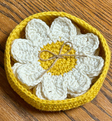 Hand Crocheted Daisy Coaster Set of 4 with Basket