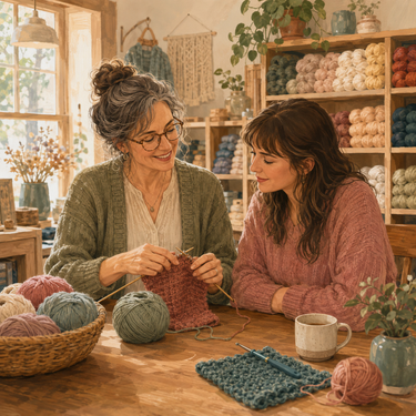 A relaxed private knitting lesson in a warm, welcoming yarn shop